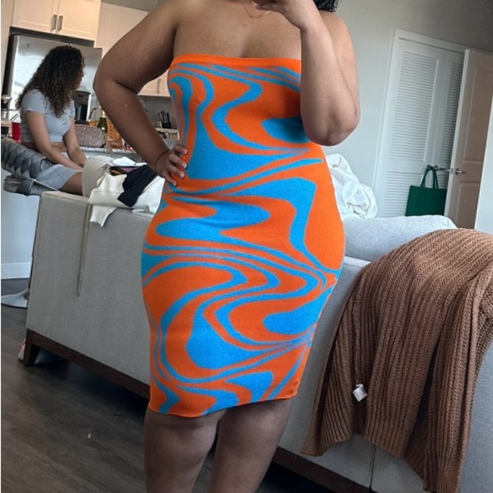 Allover Pattern Tube Sweater Dress (orange and blue)